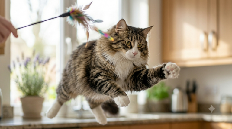 Norwegian Forest Cat actively playing with a wand feather toy, mid-leap, showing the breed's hunting drive and athletic ability