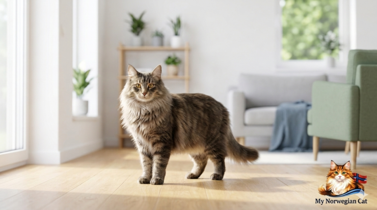 Adult Norwegian Forest Cat with full winter coat and neck ruff sitting on a wooden surface outdoors
